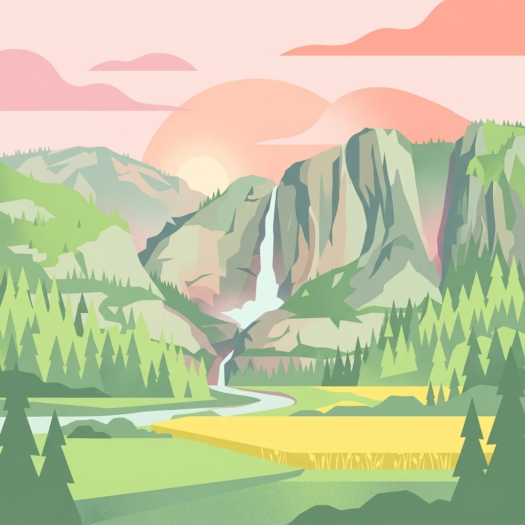 A flat-style digital illustration of a valley with tall mountains, a central waterfall flowing into a river, evergreen forests, and fields under a soft pink sunset sky.