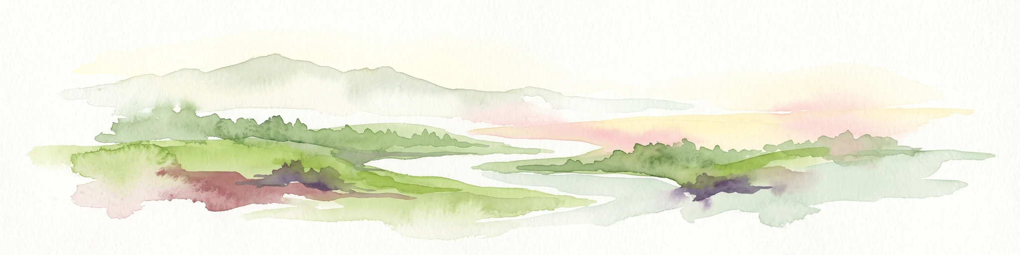 A minimalist watercolor painting of rolling hills and a stream, using soft greens, purples, and pale yellows on a white background.