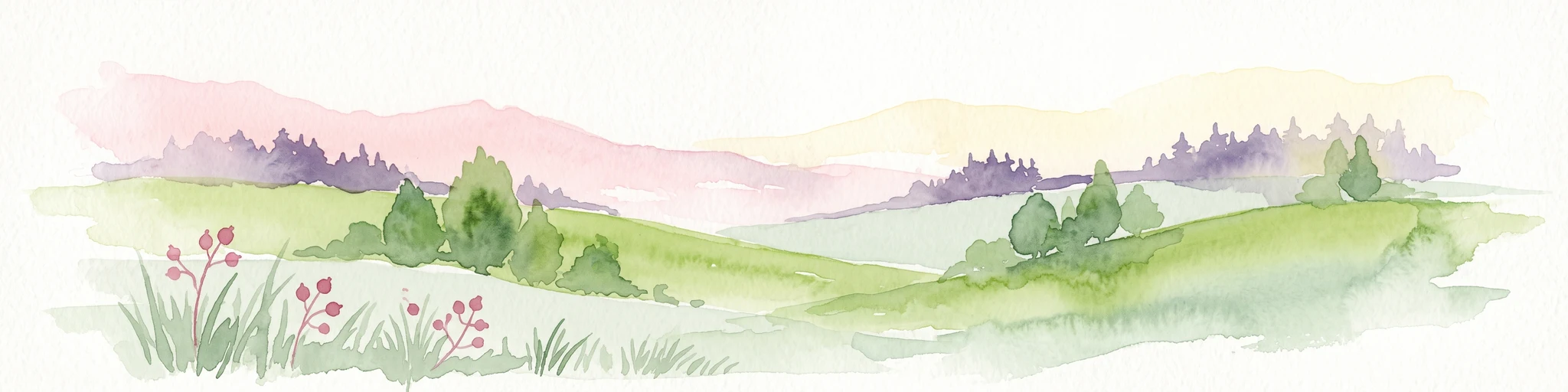 A watercolor illustration showing rolling green hills, small clusters of trees, and a distant forested ridgeline against a soft sky.