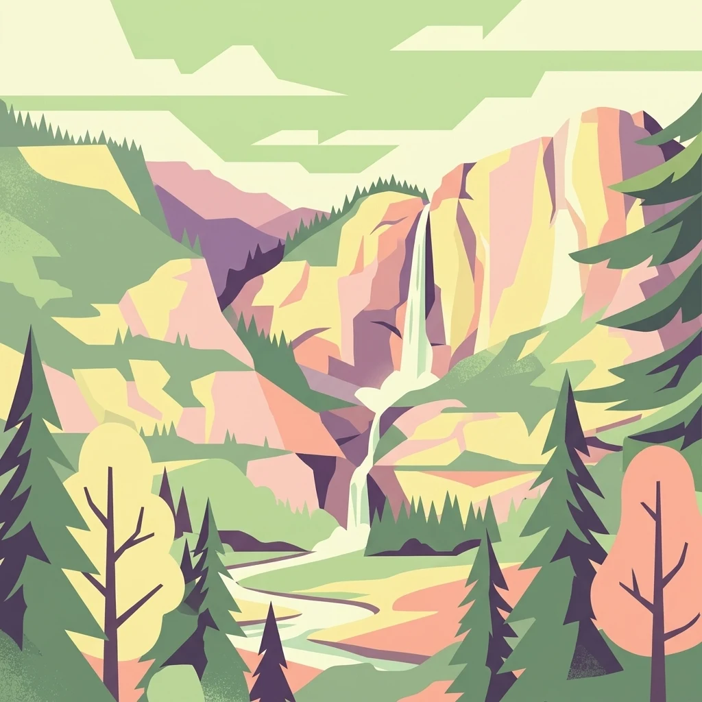 Una ilustración de diseño plano y estilizado de un paisaje montañoso con una cascada que fluye hacia un valle, enmarcada por árboles de hoja perenne en primer plano.