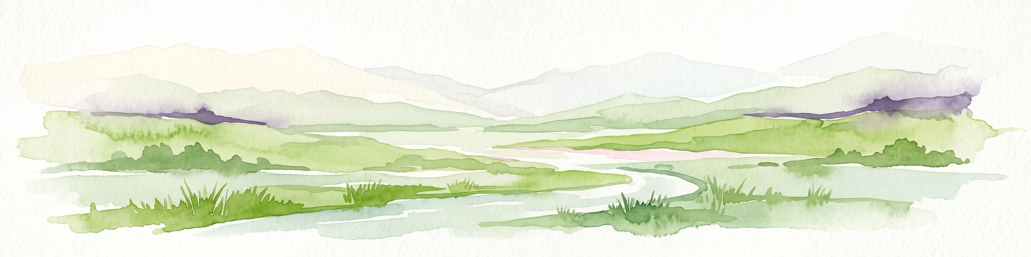 A watercolor painting showing a soft green rolling landscape, a winding stream in the foreground, and distant hills under a white background.