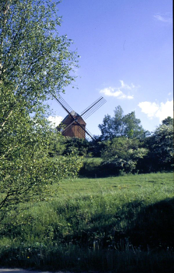 A wooden post windmill stands on a grassy hill surrounded by trees, with clear blue sky above.