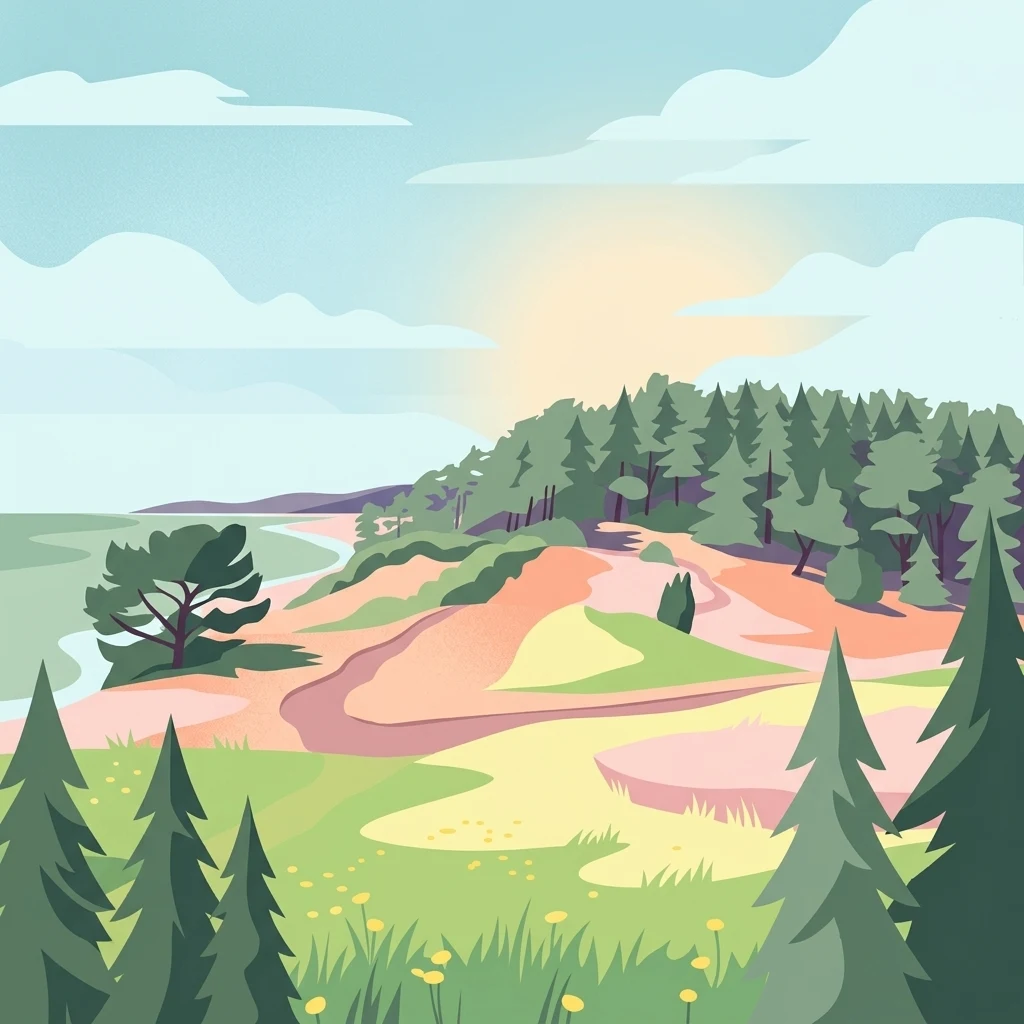 A flat-style digital illustration showing a coastal landscape with green pine trees in the foreground, rolling sandy dunes, and a forest bordering a beach under a soft sunset sky.