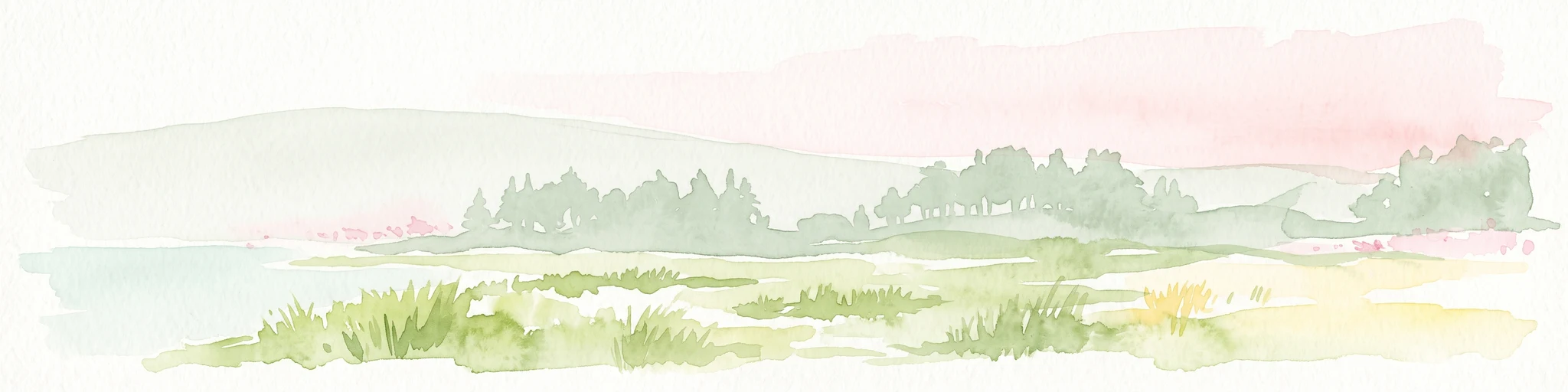 Watercolor painting of a coastal landscape with green grass in the foreground, a line of trees in the midground, and a soft pink horizon in the distance.