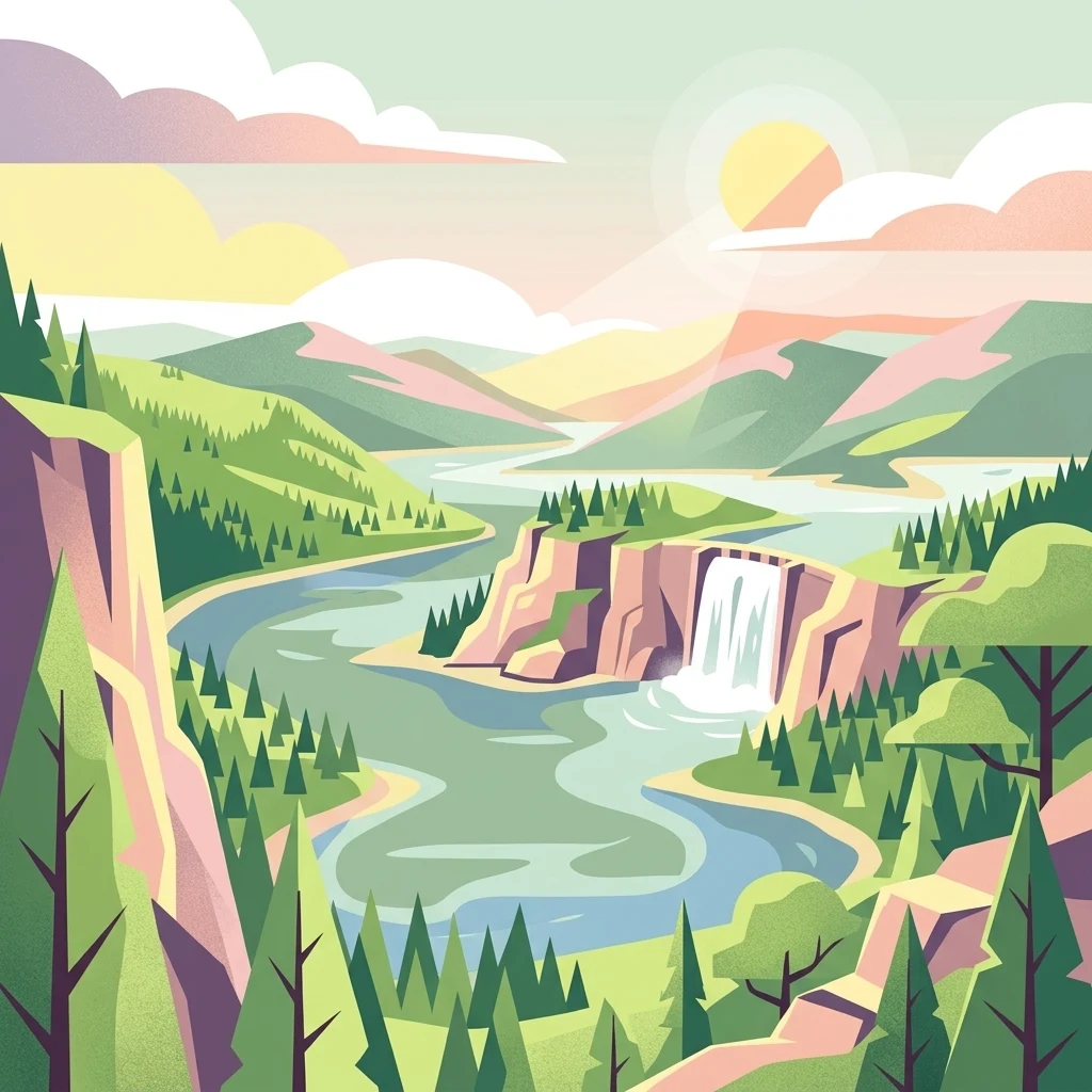 A flat-style digital illustration of a mountainous landscape featuring a winding river, a central waterfall flowing over a cliff, and dense evergreen forests under a bright sun.