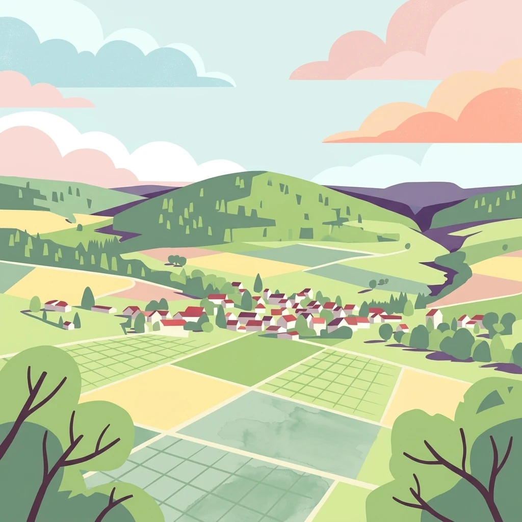 Una ilustración digital de un paisaje rural con colinas verdes onduladas, campos de parcelas y un pequeño pueblo enclavado en un valle bajo un cielo suave de colores pastel.
