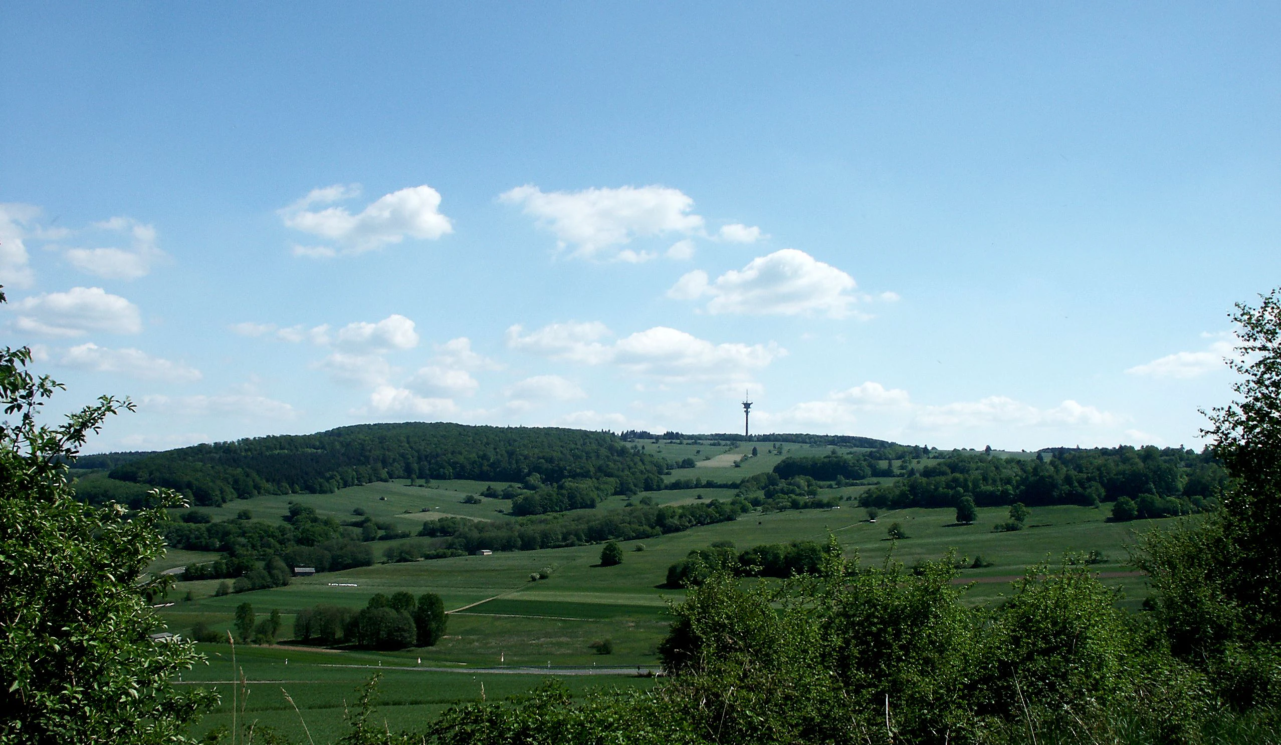 Una vista amplia y soleada del paisaje de la montaña Eisenberg con una prominente torre de observación en su cumbre boscosa, con vistas a campos agrícolas verdes y ondulados y prados en primer plano.