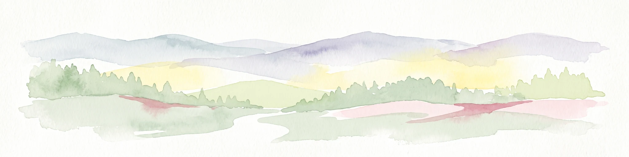 A watercolor painting showing a wide, panoramic view of soft, rolling hills with patches of forest, rendered in muted pastel colors.