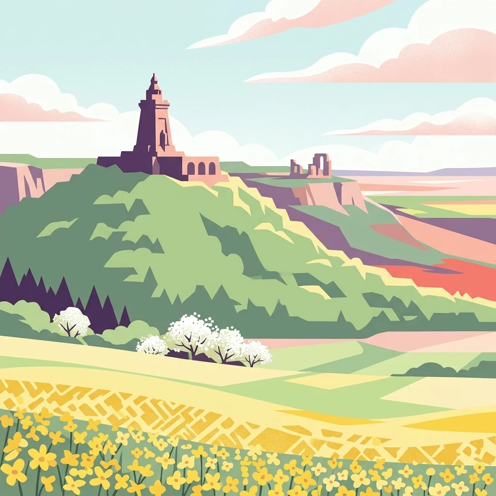 Una vibrante ilustración gráfica que muestra el Monumento de Kyffhäuser en una colina verde con campos de flores amarillas en primer plano.