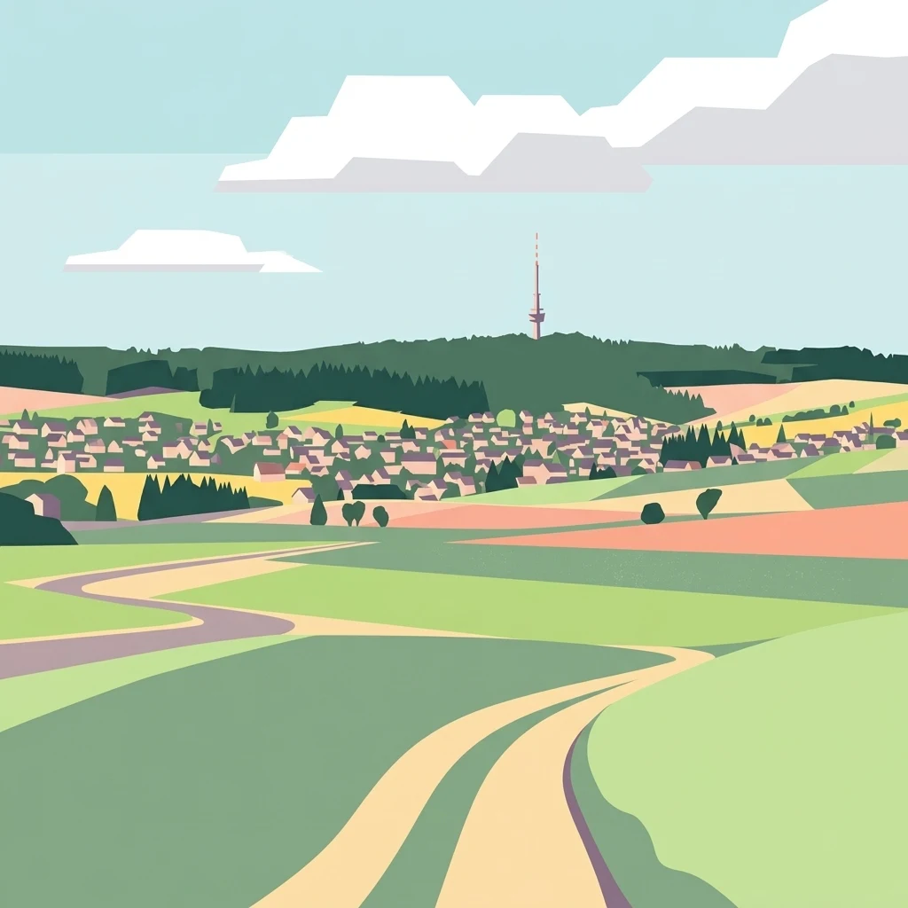 A flat-style digital illustration showing a dirt path leading through green fields towards a small town at the base of a forested hill, topped by a communication tower under a sky with clouds.