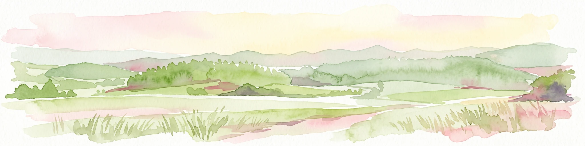A horizontal watercolor painting depicting a soft-focus landscape of low green hills, wooded areas, and open fields under a pale sky.