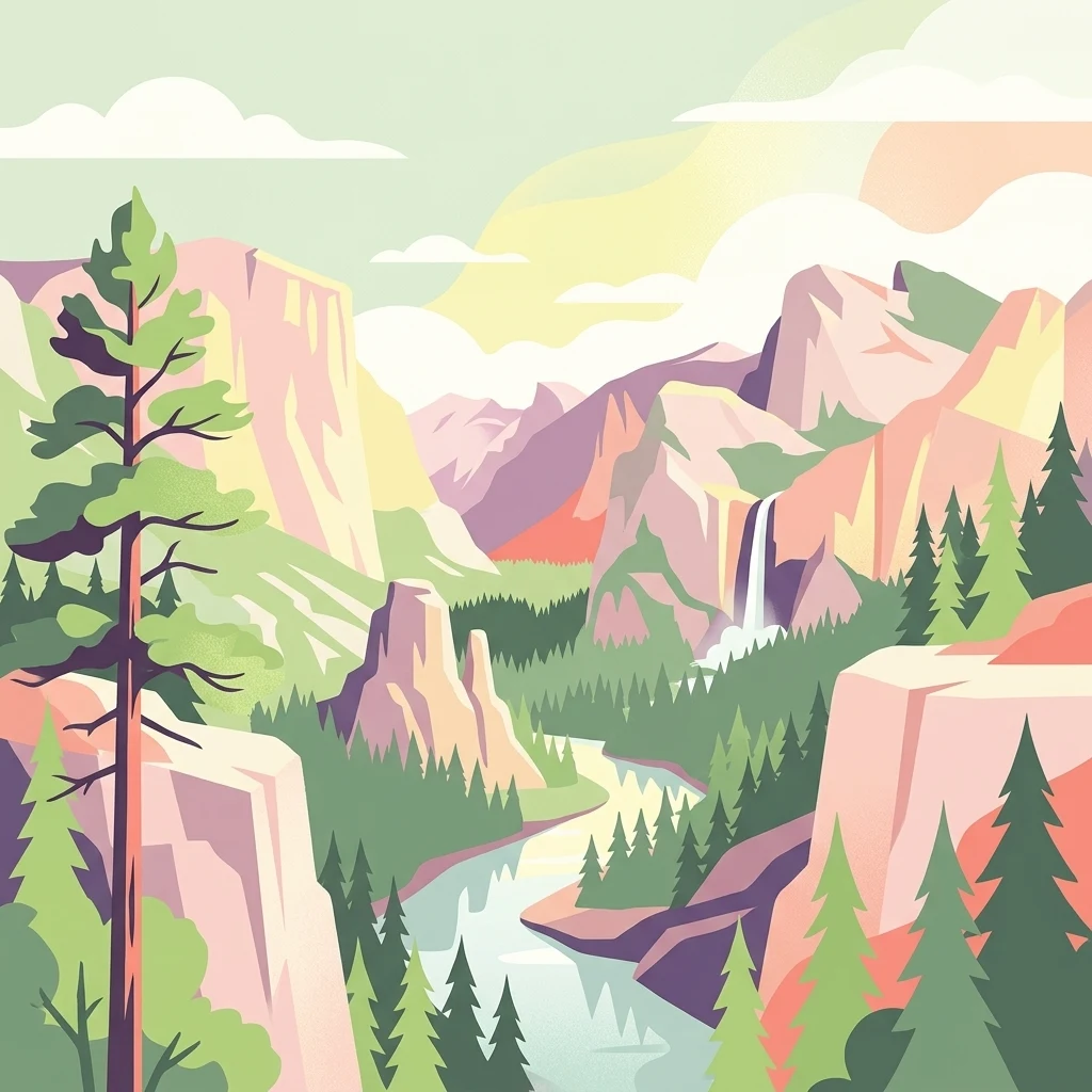 A vector-style digital illustration depicting a vast mountain valley with steep cliffs, a winding river, evergreen forests, and a prominent waterfall in the distance under a pastel sky.