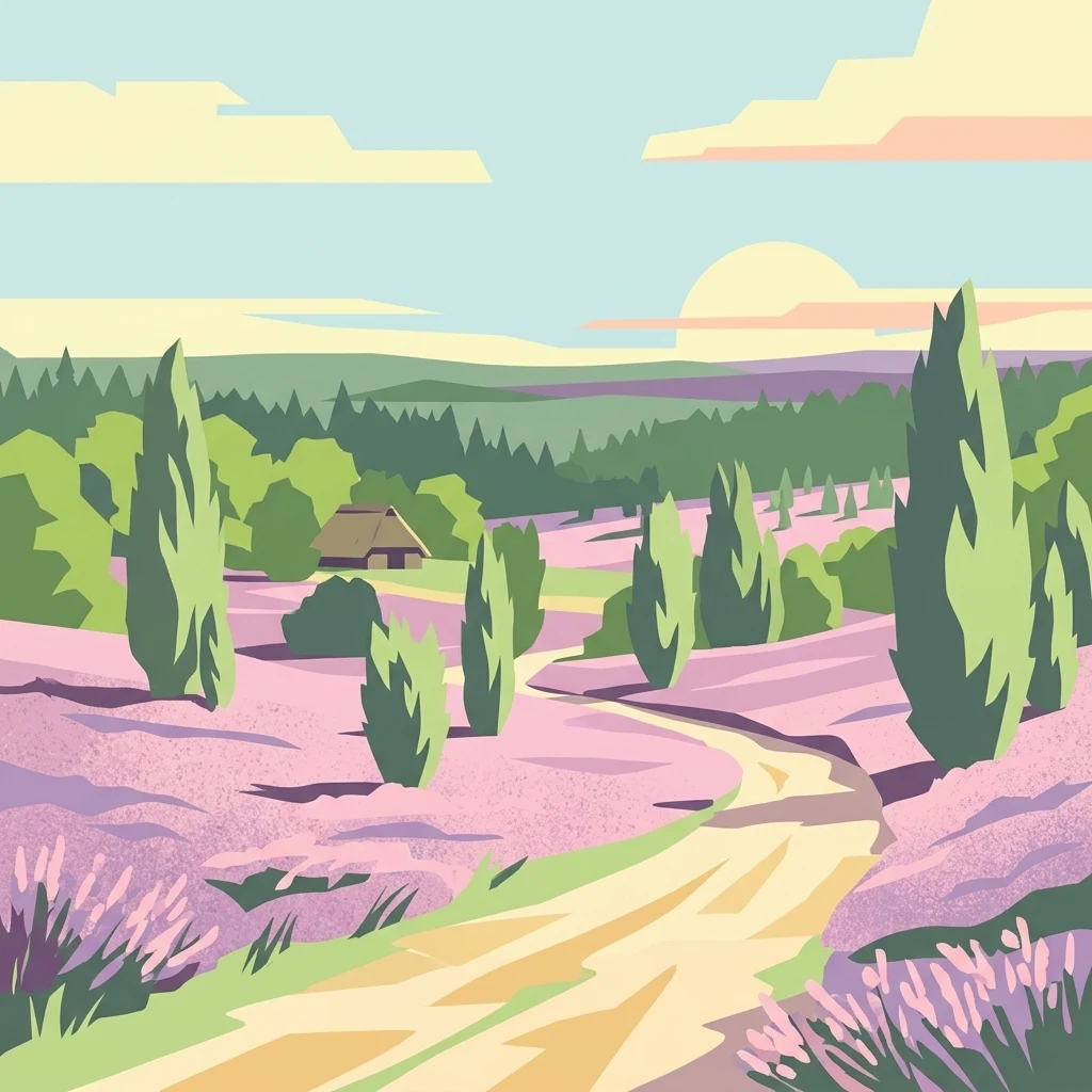 A stylized flat illustration featuring a dirt path winding through purple blooming heathland with scattered juniper trees and a small thatched roof cottage in the distance under a pale sun.