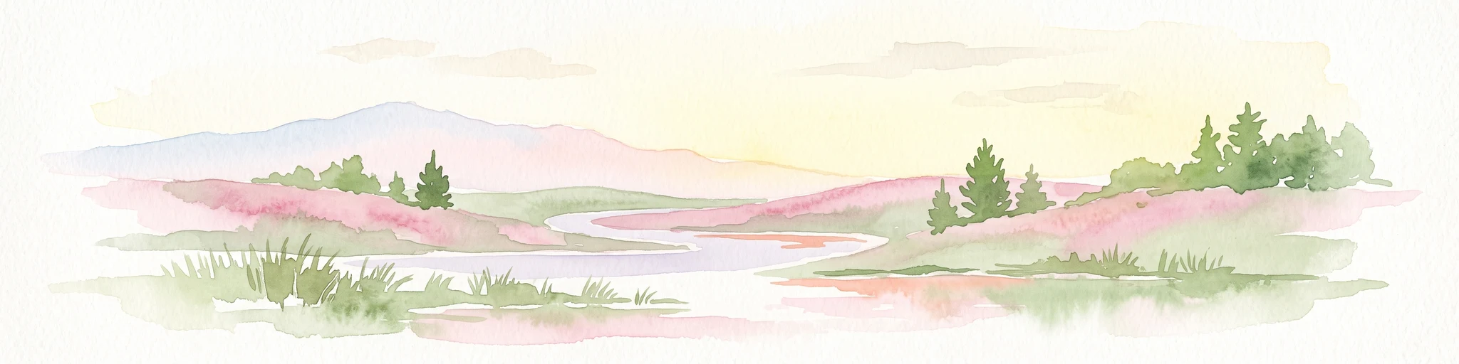A horizontal watercolor painting depicting a rolling heathland landscape with purple heather, evergreen trees, and a central water feature under a soft sky.