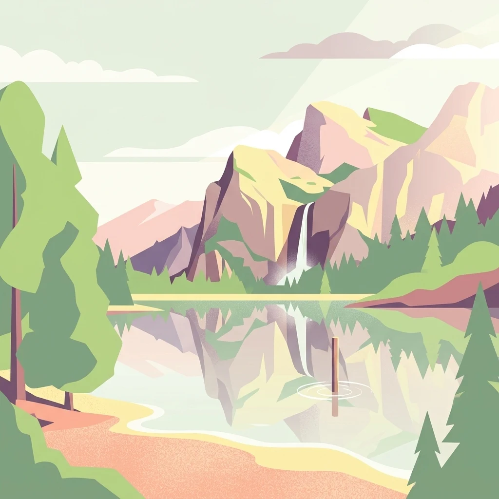 A minimalist flat illustration showing a calm lake reflecting rugged mountains and a small waterfall, with pine trees in the foreground and light clouds in the sky.