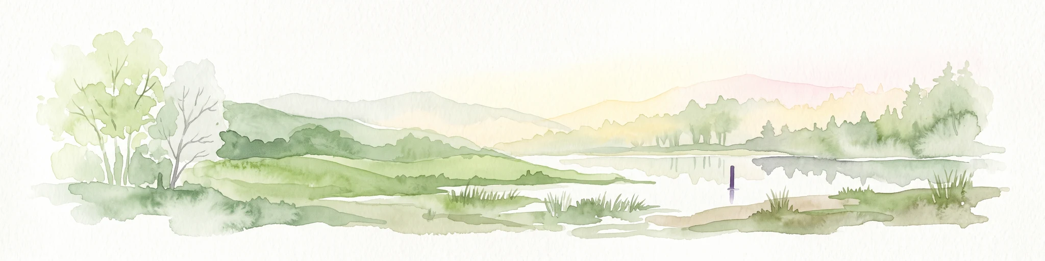 Watercolor illustration of a peaceful lakeside landscape with soft green trees, rolling hills, and a calm body of water.