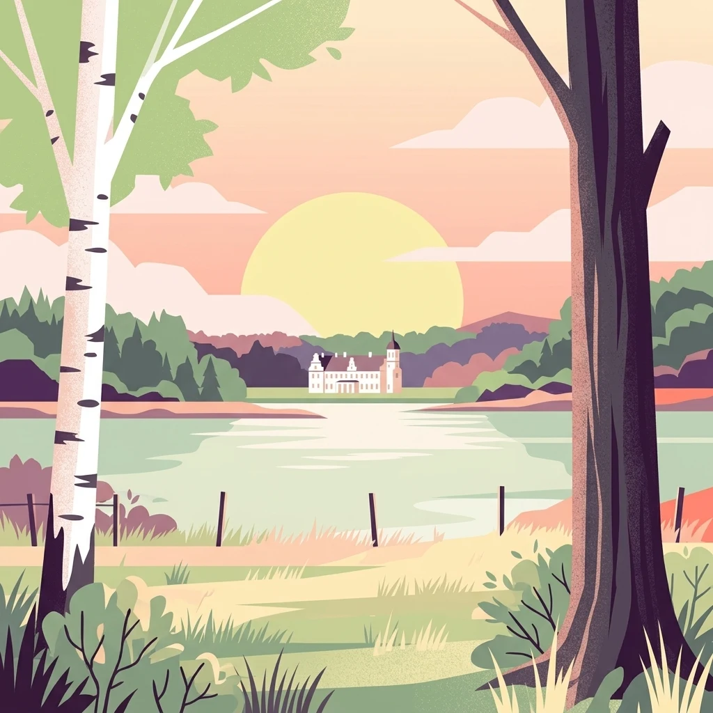 A flat vector illustration showing a calm lake scene at sunset, framed by a birch tree on the left and a dark-trunked tree on the right, with a large mansion visible across the water.