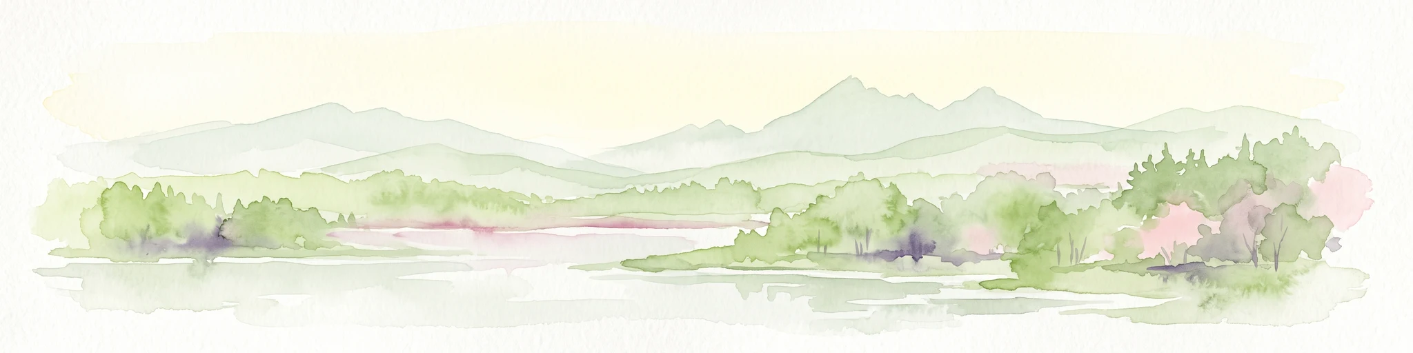A soft watercolor painting depicting a calm lake surrounded by lush green trees and soft, rolling hills in the background.
