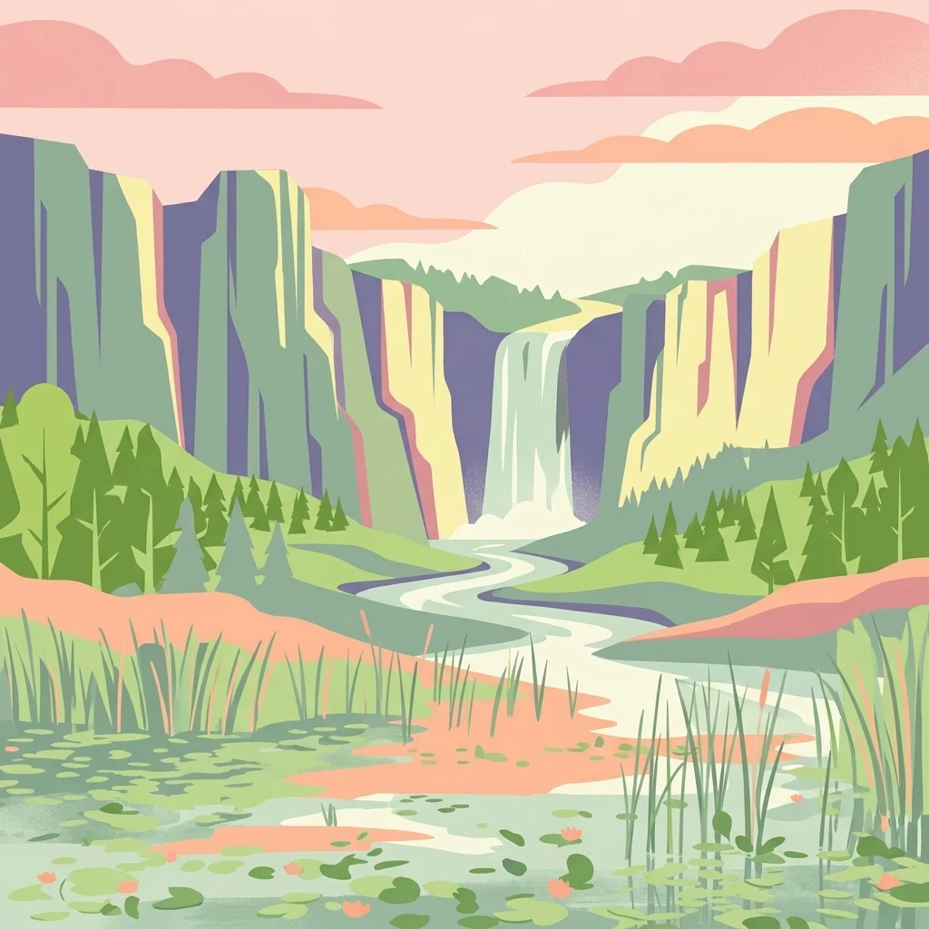 A flat-style digital illustration showing a tiered waterfall cascading down a canyon into a winding river that leads to a foreground wetland area with reeds and lily pads under a pinkish sky.