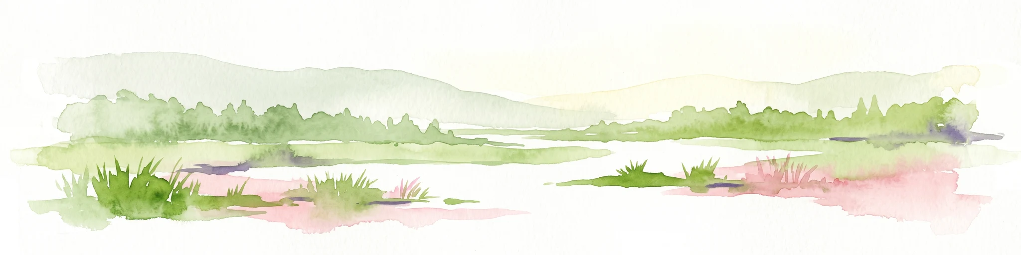 A soft watercolor painting of a pastoral landscape featuring green rolling hills, distant trees, and a foreground with grassy vegetation and pinkish marsh-like reflections.