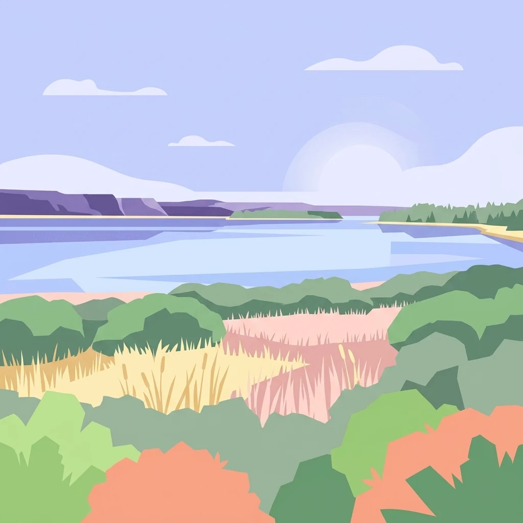 A flat vector-style illustration of a lake landscape with green and orange bushes in the foreground, yellow grasses, and a calm body of water reaching toward distant rolling hills under a soft sky.