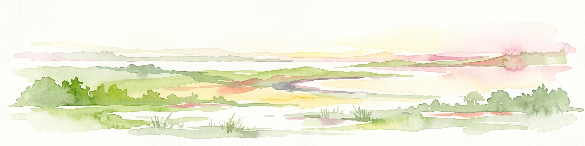 A soft watercolor painting showing a panoramic view of green hills, meadows, and water, with a light sunrise or sunset sky.