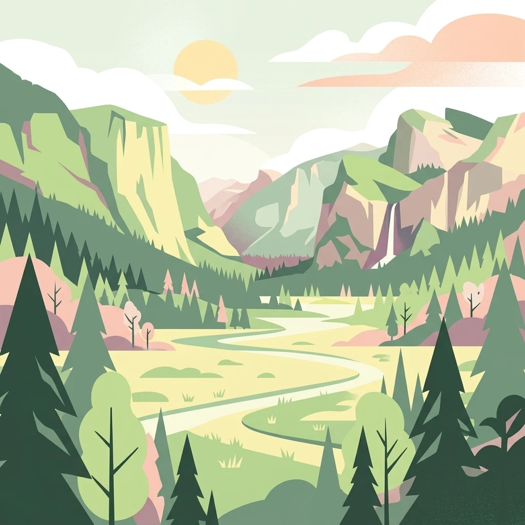 A digital illustration of a scenic valley landscape featuring mountains, pine trees, a meandering river, and a waterfall under a soft sun.