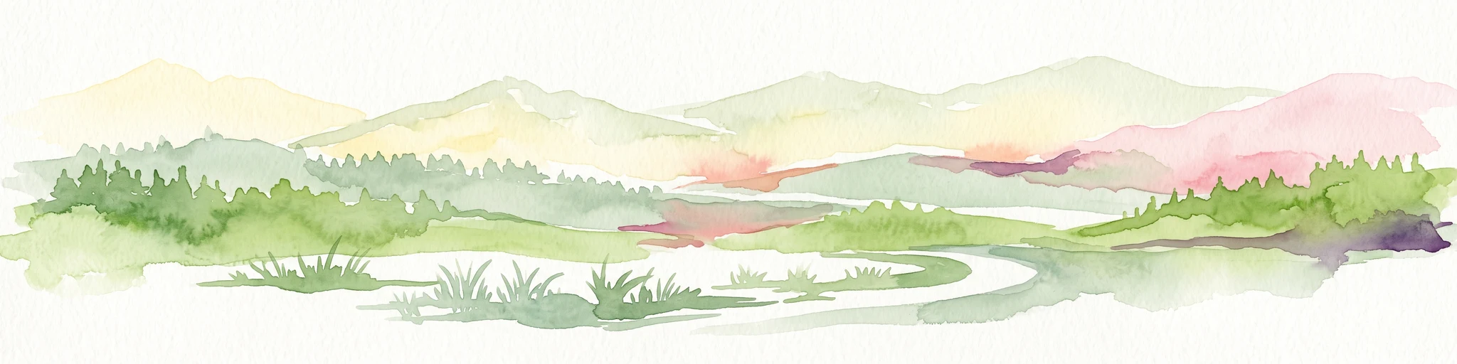 Una ilustración en acuarela de un paisaje suave y ondulado con bosques verdes, colinas suaves en tonos amarillos y rosados, y un curso de agua serpenteante.
