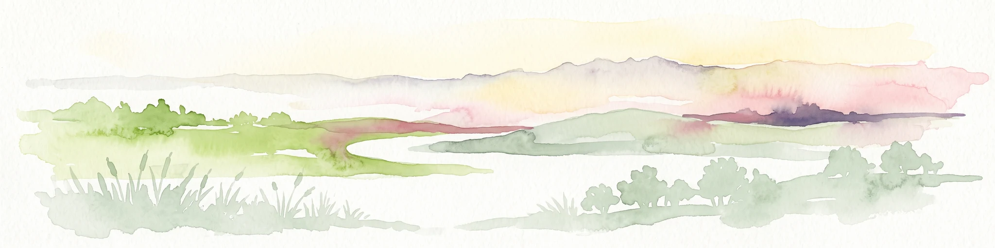 Una pintura horizontal en acuarela que representa un paisaje suave y atmosférico con colinas verdes onduladas, un río o curso de agua serpenteante y montañas pálidas y distantes bajo un cielo pastel y brumoso.