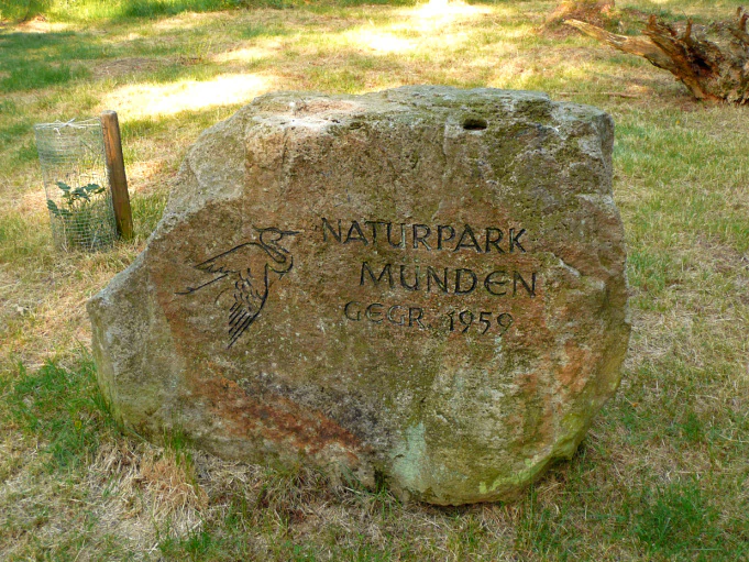 A large stone slab sitting in a grassy area, engraved with the words Naturpark Münden, the year 1959, and an outline drawing of a bird.