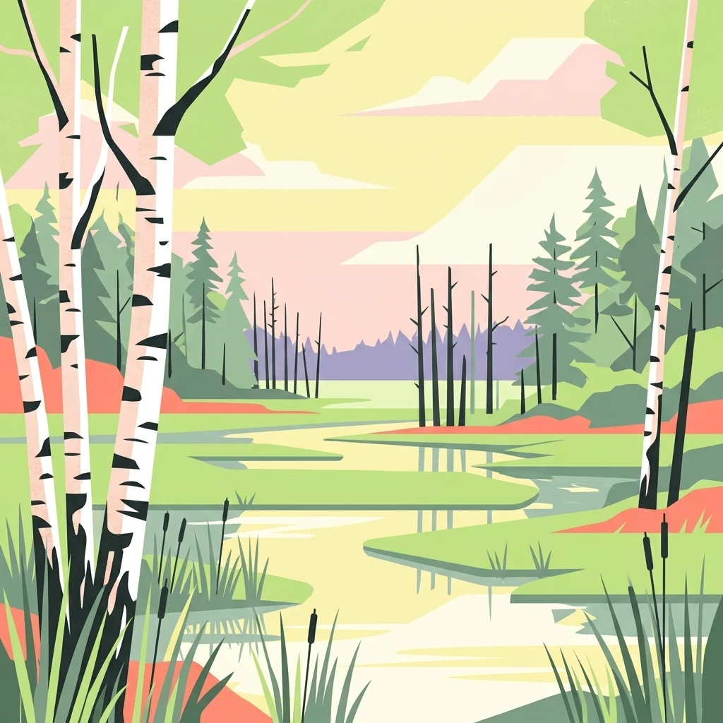 A flat, minimalist digital illustration showing a winding river through a wetland with birch trees in the foreground, pine trees in the background, and soft-colored clouds in the sky.
