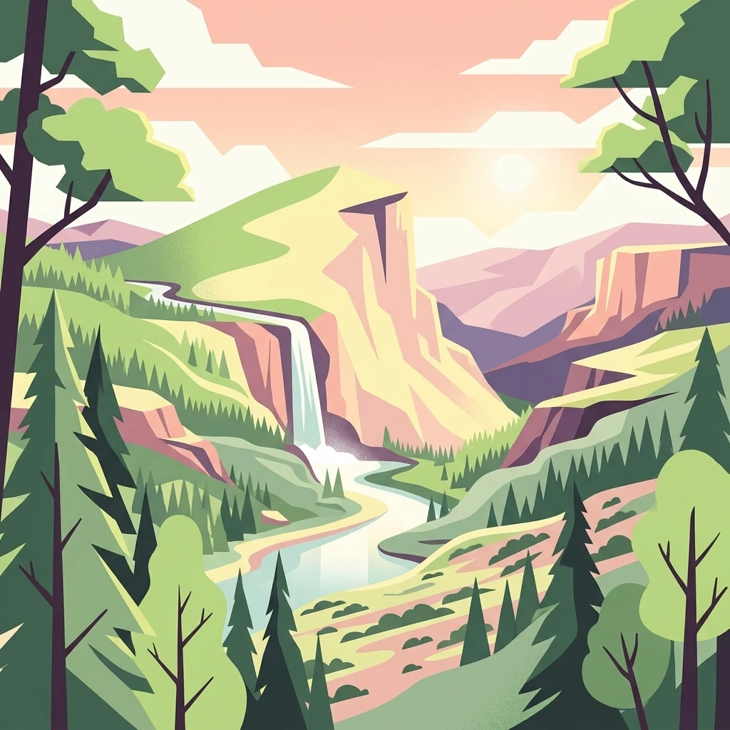 Ilustración vectorial plana de un paisaje pintoresco que muestra un río serpenteante, una cascada que cae desde un acantilado, colinas verdes, pinos en primer plano y montañas al fondo bajo un cielo iluminado por el sol.
