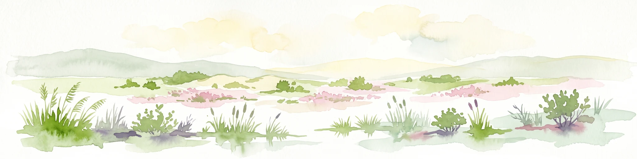 A panoramic watercolor illustration showing a meadow with green grasses, pink and purple wildflowers, shrubs, a misty water body, rolling green hills in the background, and a bird flying in a pale yellow sky