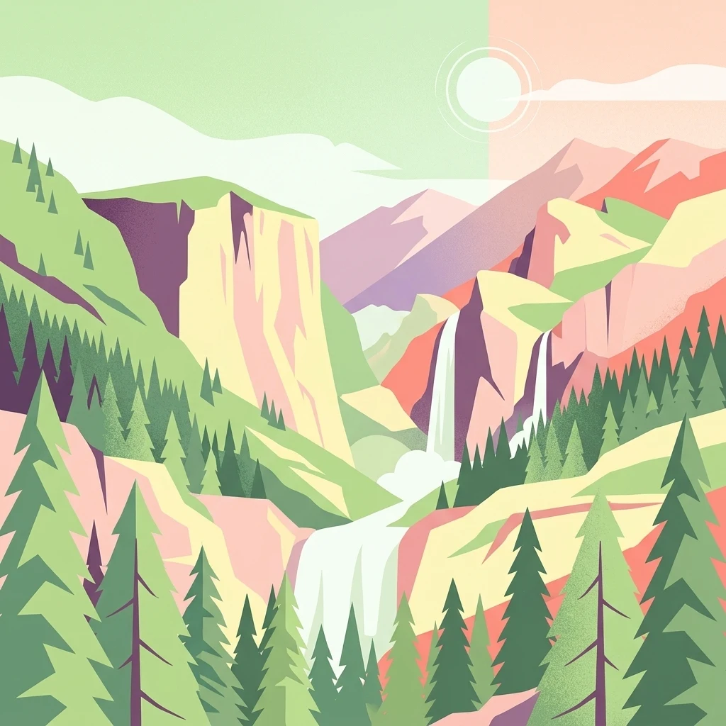 A digital illustration showing a valley with steep rocky cliffs, waterfalls, and a foreground of coniferous trees in a flat design style.