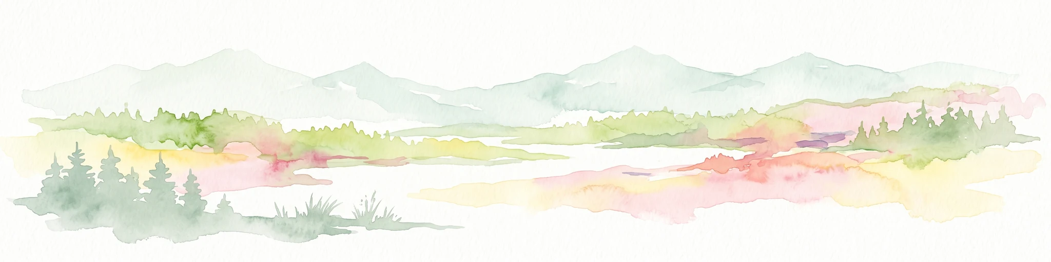 A soft watercolor illustration depicting a panoramic mountain landscape with evergreen trees in the foreground and rolling hills in the background in pastel shades of green, yellow, and pink.