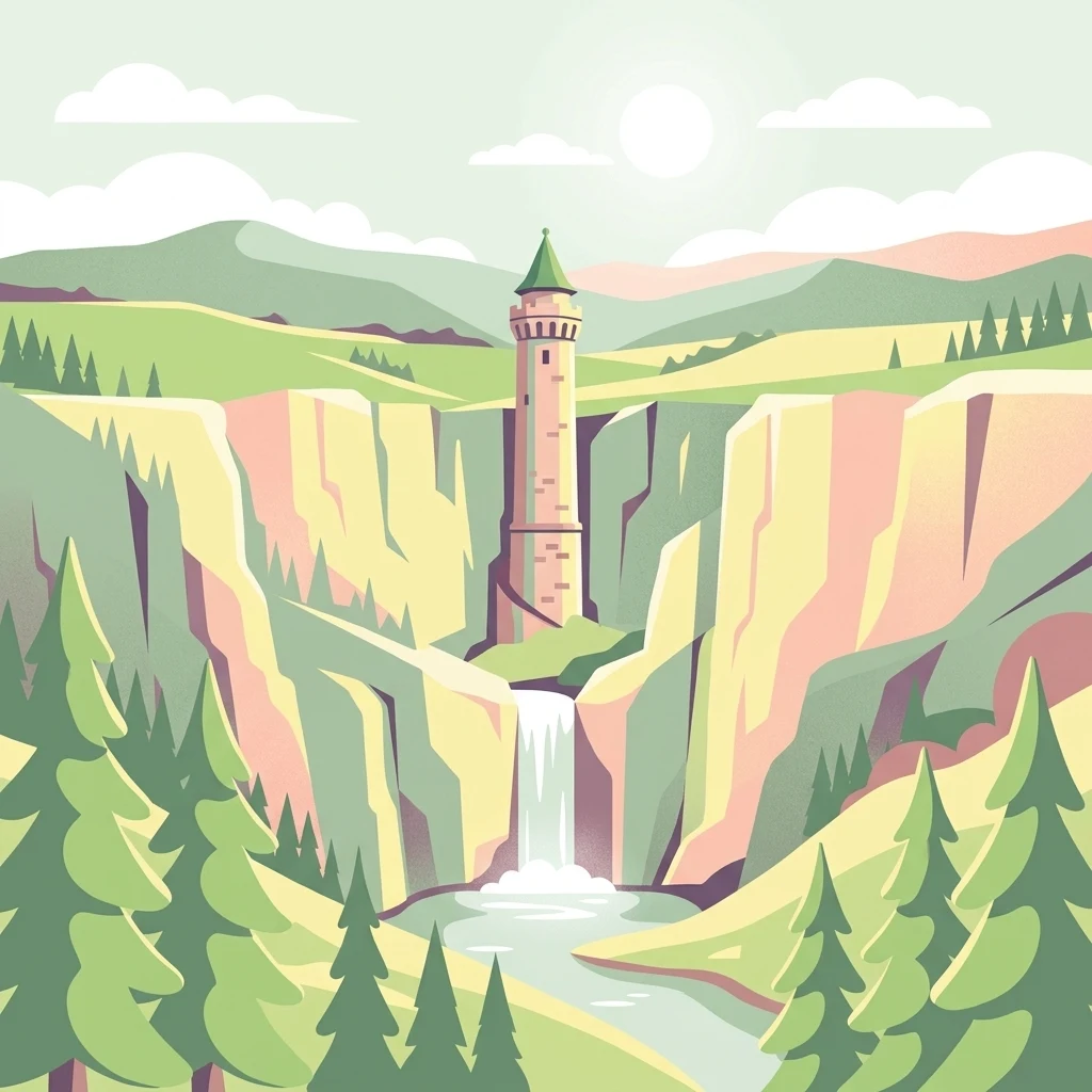 A digital illustration of a cylindrical stone tower perched on a cliff edge above a waterfall, surrounded by tall pine trees and mountain slopes in a soft, light-toned color palette.