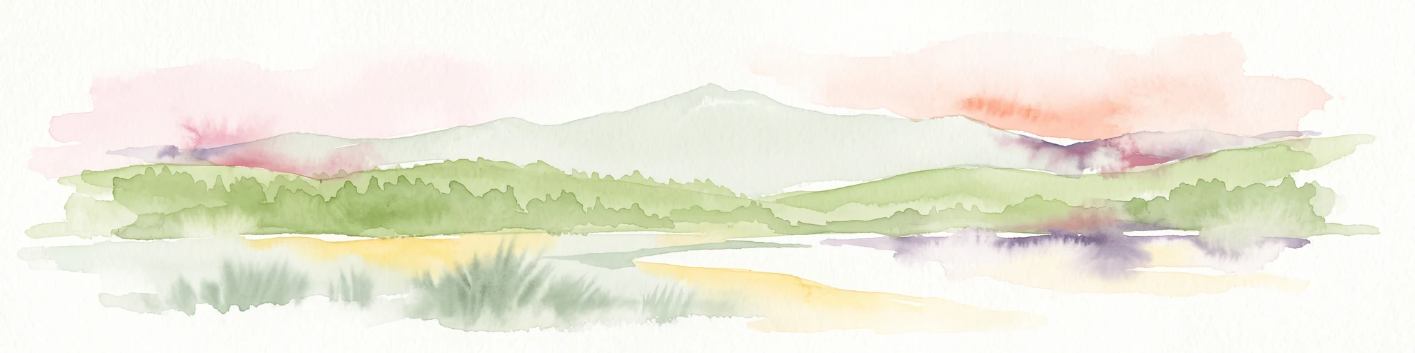Watercolor illustration depicting a serene forest landscape with rolling hills, distant mountains, and soft pastel colors on a white background.