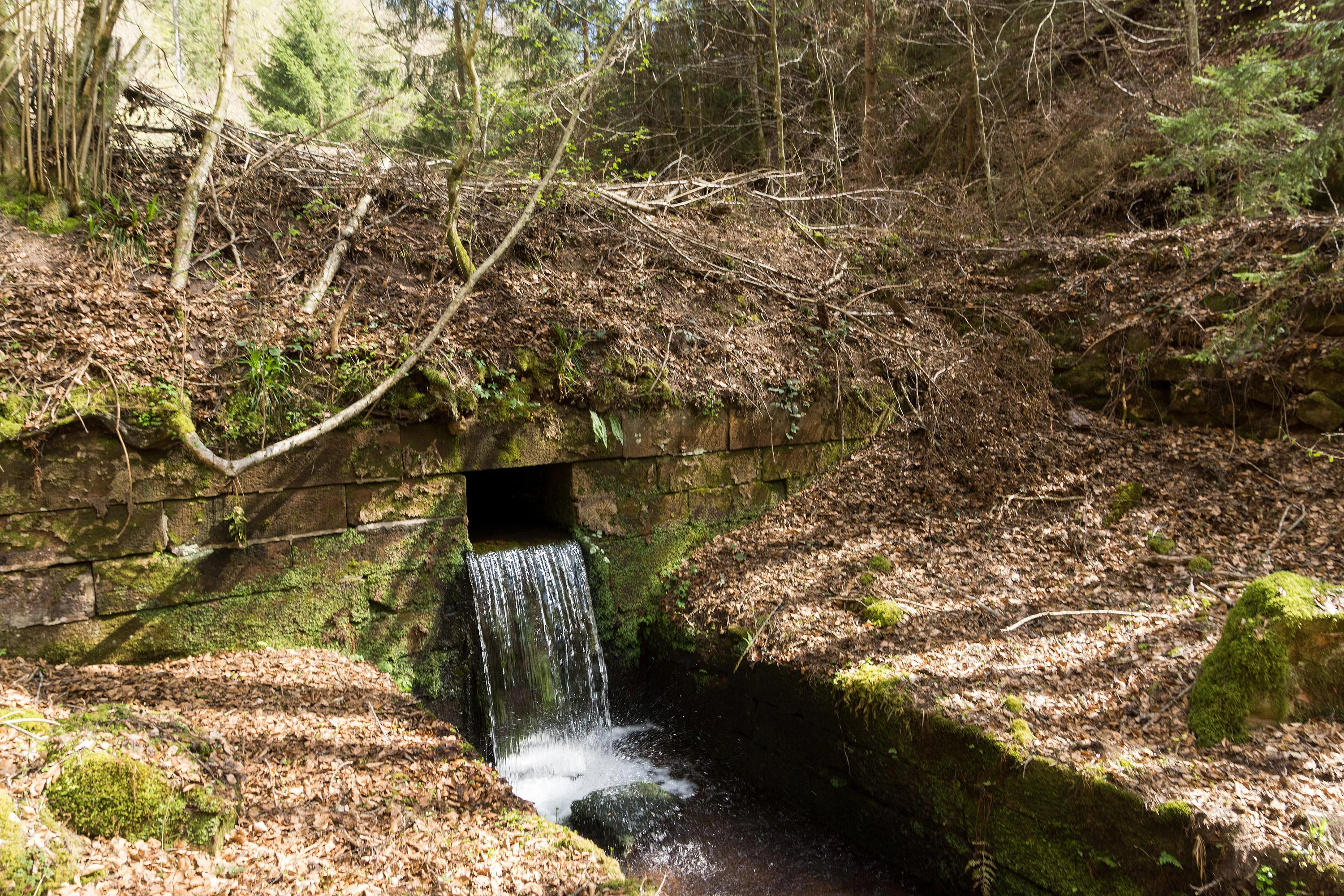 A small stone spillway structure built into a hillside, with water flowing from a rectangular opening into a stream bed, surrounded by a forest floor covered in autumn leaves.