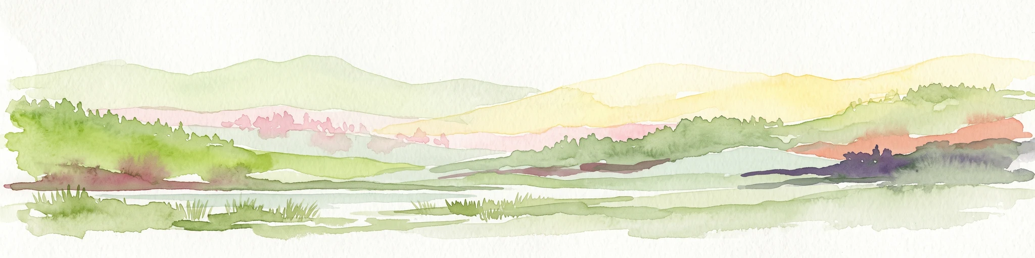 Una pintura horizontal en acuarela que representa un paisaje de enfoque suave con colinas verdes onduladas, montañas lejanas de color amarillo claro y laderas boscosas.