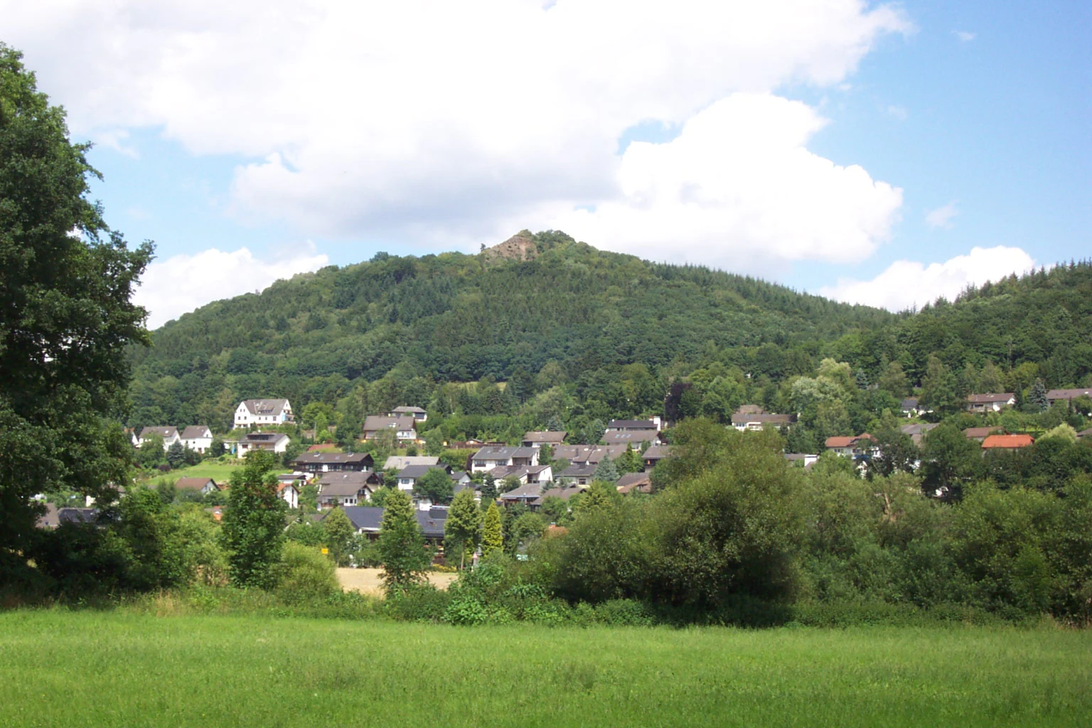 A green, forested mountain peak rises behind a small village and grassy fields under a blue, partly cloudy sky.