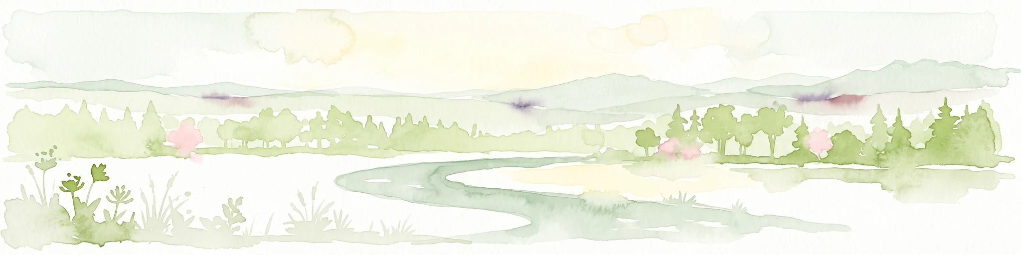 A pale, minimalist watercolor painting showing a winding river flowing through a forested valley with rolling hills in the background.