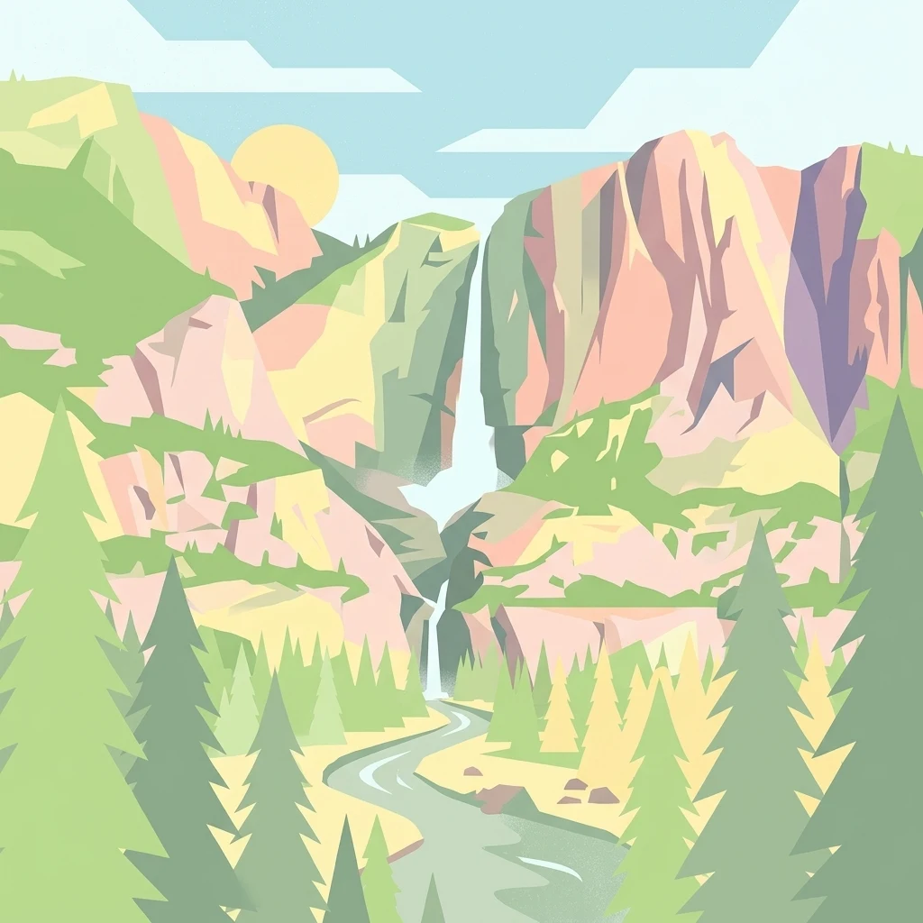 Una ilustración gráfica que muestra acantilados escarpados, una cascada que fluye hacia un río y árboles de hoja perenne en un estilo de arte plano y simplificado.