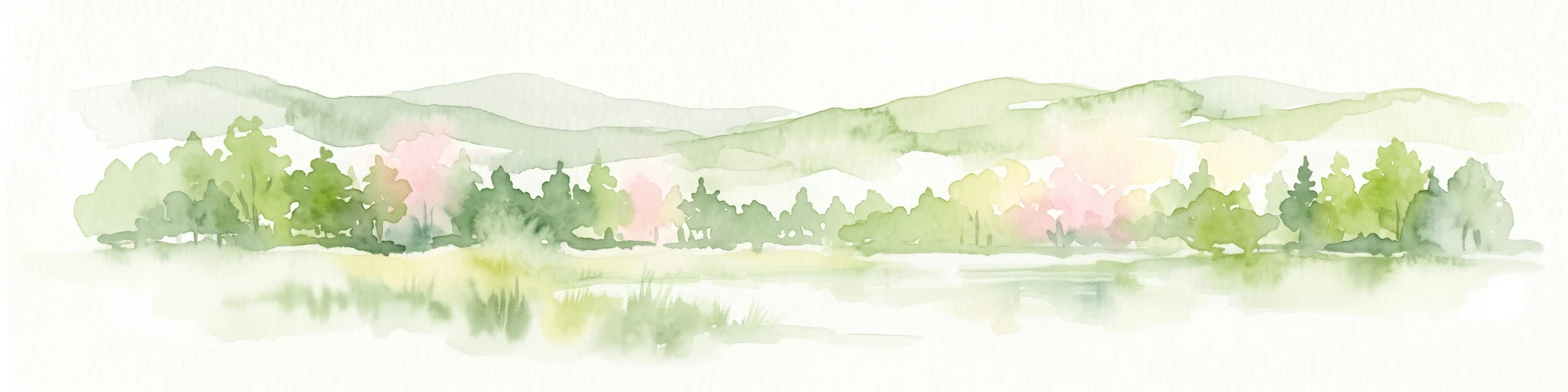 A horizontal watercolor painting depicting a gentle, hazy green landscape with rolling hills, a line of trees, and a foreground meadow.