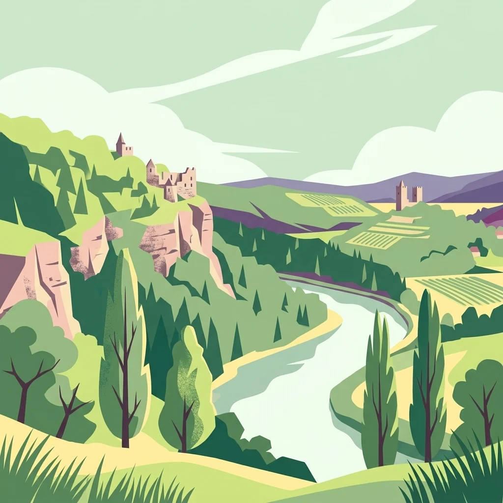 Una ilustración digital de estilo plano que muestra un río serpenteante que fluye por un valle verde con acantilados rocosos, ruinas de piedra históricas y viñedos en terrazas bajo un cielo pálido.