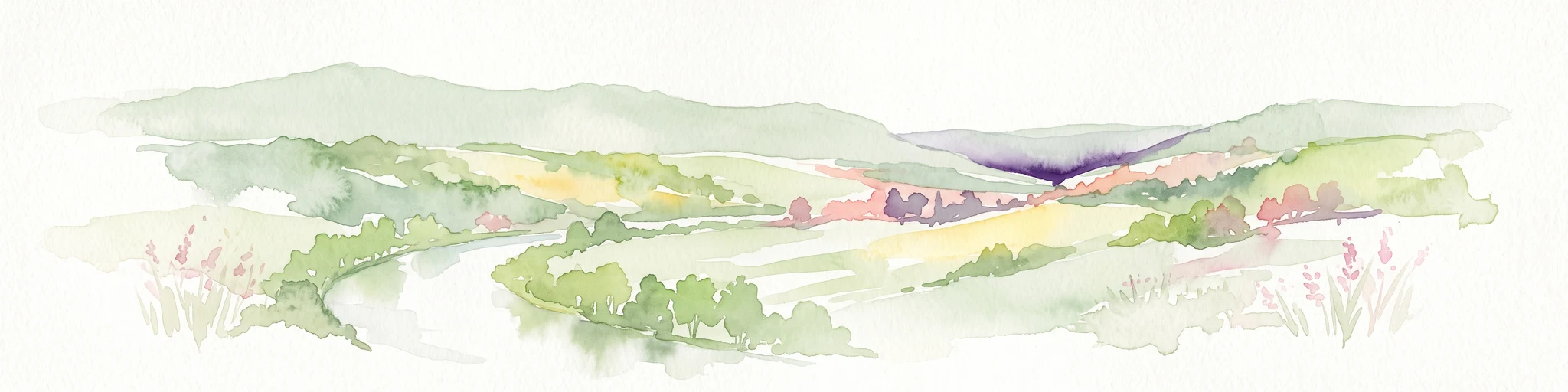 A watercolor landscape painting showing a winding river flowing through a valley surrounded by gentle hills, trees, and fields.