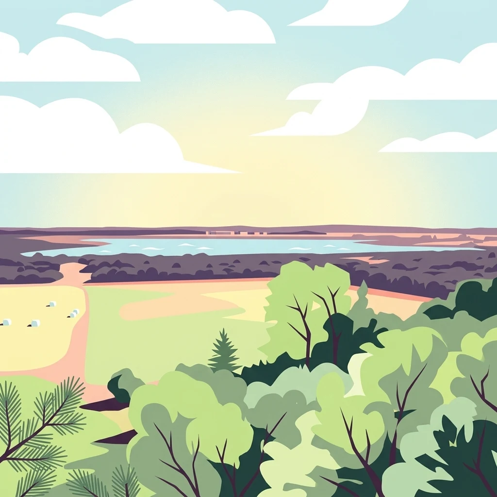 A flat-style digital illustration showing a panoramic coastal landscape with a foreground of green trees, a sandy field, a dark forest strip, and a body of water in the distance under a bright sky with white clouds.