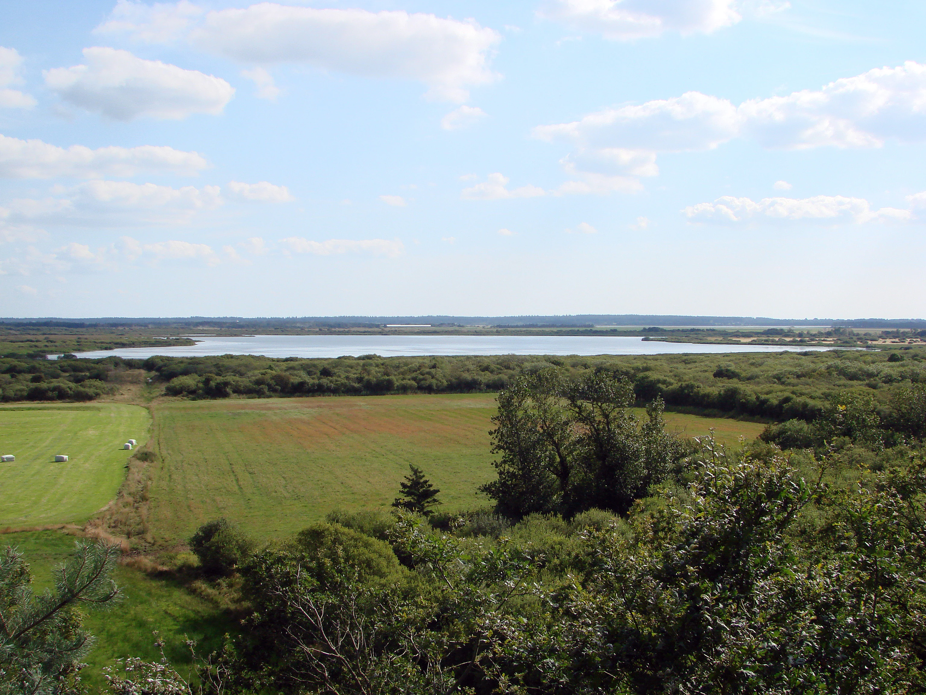 A wide, elevated landscape view featuring a large, calm lake in the distance, surrounded by fields and patches of green forest under a partly cloudy sky.