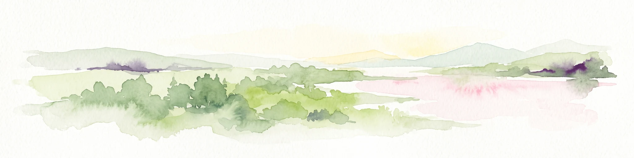 Una suave ilustración en acuarela que muestra un paisaje costero brumoso con dunas verdes, colinas onduladas y una superficie de agua tranquila sobre un fondo blanco.