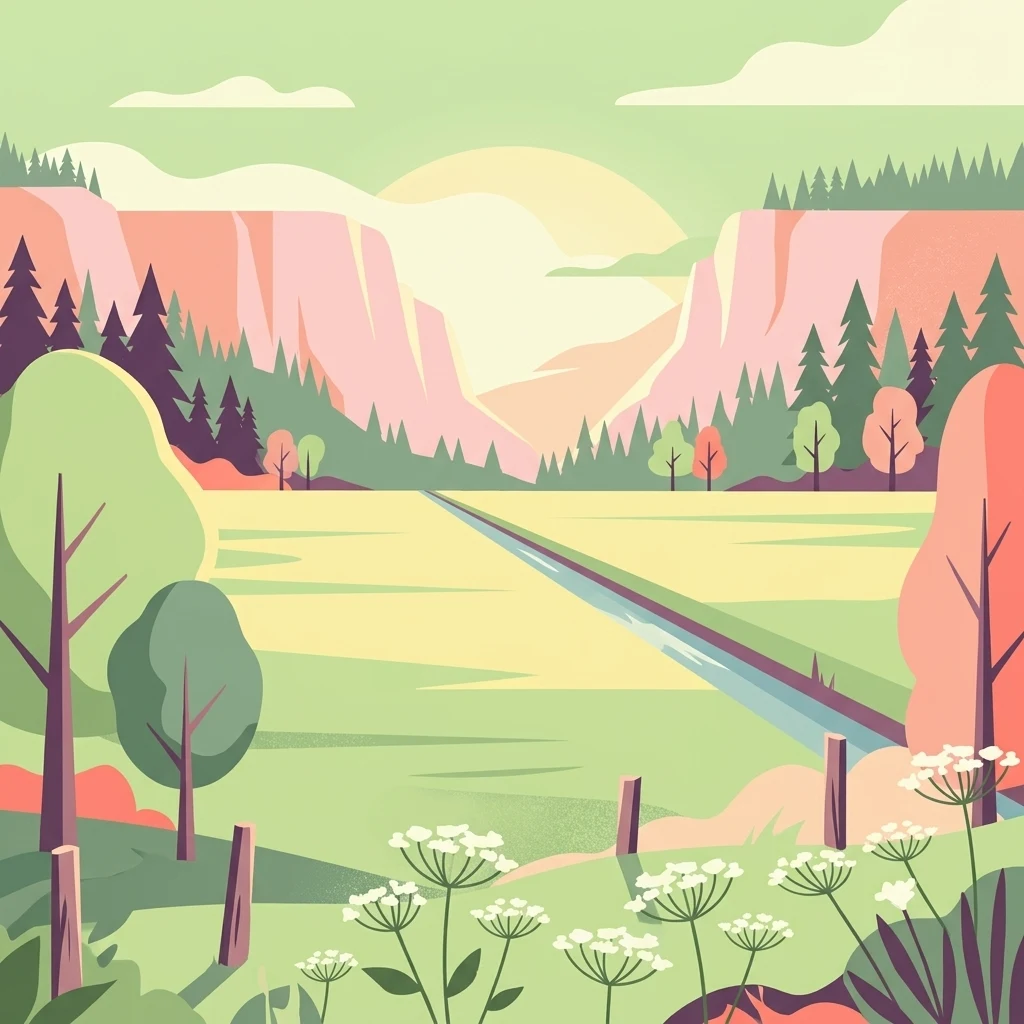 Una ilustración digital de estilo plano que representa un valle con un río que lo atraviesa por el centro, enmarcado por colinas, bosques de pinos y flores silvestres en primer plano.