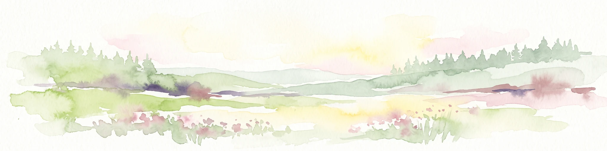 A horizontal watercolor illustration of a soft, hazy valley with rolling green hills, distant treelines, and wildflowers in the foreground.
